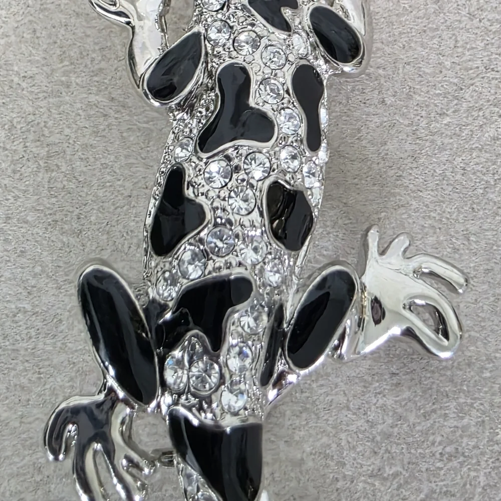 Vintage Silver with Black Enamel and Pave Rhinestone Lizard Brooch Pin
